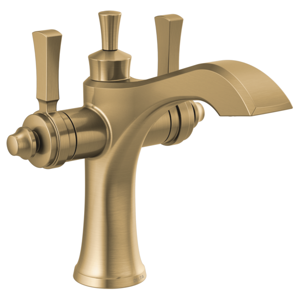 Champagne bronze bathroom faucet with curved spout, two lever handles, and single hole mount.