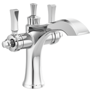 Chrome bathroom faucet with curved spout, two lever handles, and single-hole mount configuration.