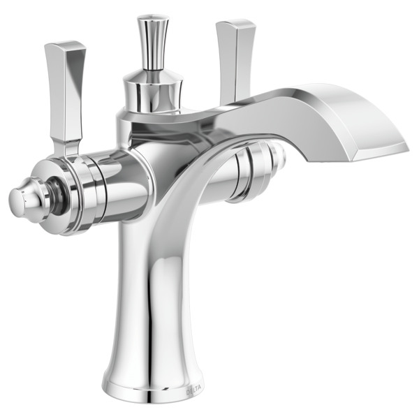 Chrome bathroom faucet with curved spout, two lever handles, and single-hole mount configuration.