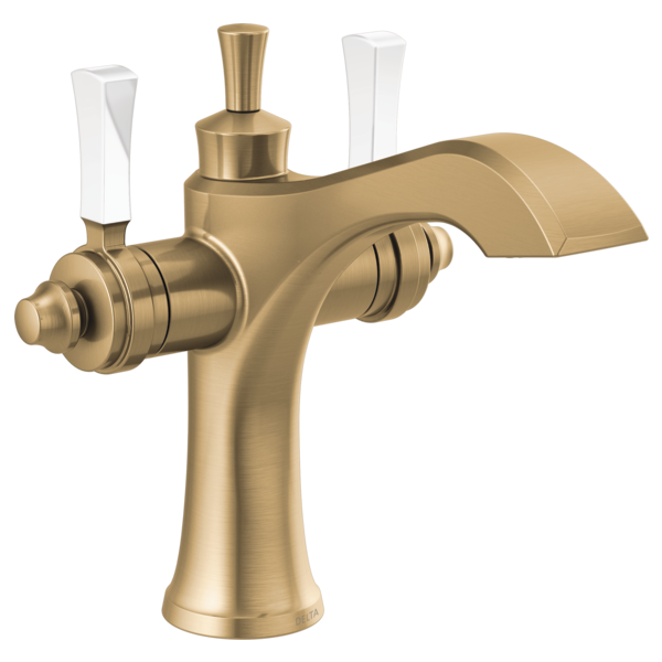 Brushed gold bathroom faucet with curved spout, two white lever handles, and single hole mount.