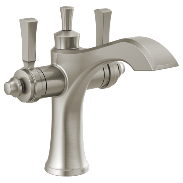 Brushed nickel bathroom faucet with curved spout, two lever handles, and single-hole monoblock design.