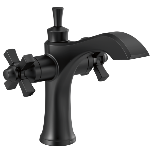 Black single-hole bathroom faucet with cross handles and curved spout.