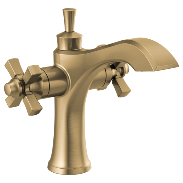 Brushed gold bathroom faucet with two cross handles, curved spout, and tall cylindrical body.