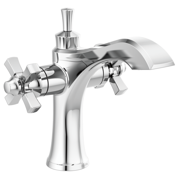 Chrome bathroom faucet with cross handles, curved spout, and cylindrical body with sprout aerator.