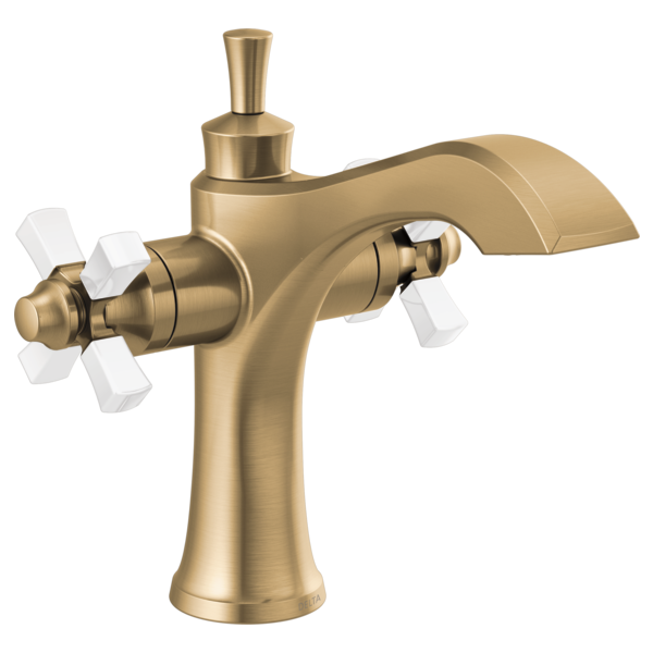 Brushed gold bathroom faucet with curved spout, cross handles, and tall cylindrical base.