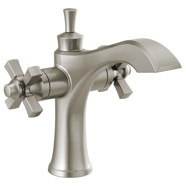 Brushed nickel bathroom faucet with single spout, two cross handles, and curved spout with aerator.