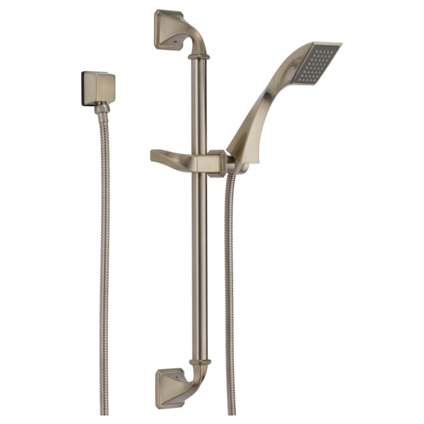 Brushed nickel slide bar hand shower system with rectangular shower head, handheld sprayer, and flexible hoses.