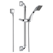 Chrome slide bar hand shower system with vertical rail, adjustable hand spray, and fixed shower head.