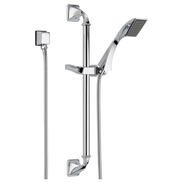 Chrome slide bar hand shower system with vertical rail, adjustable hand spray, and fixed shower head.