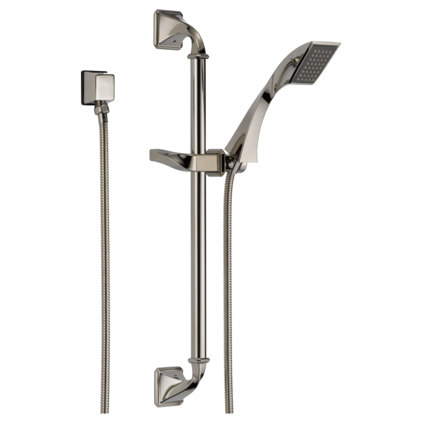 Chrome and brushed nickel slide bar hand shower system with adjustable height rail, flexible hose, and square shower head.