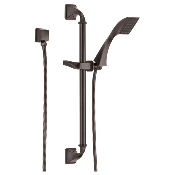 Dark bronze slide bar hand shower set with curved handheld wand, vertical rail, and flexible hose.