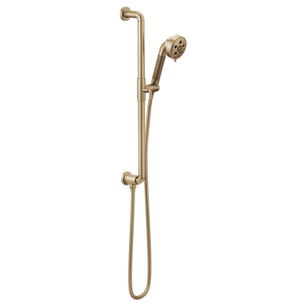 Champagne bronze slide bar handshower with adjustable height and flexible hose connection.