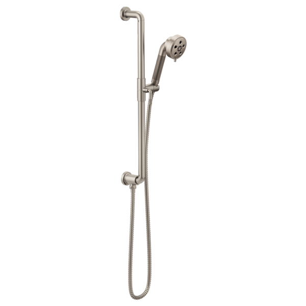 Brushed nickel slide bar handshower with flexible hose and wall-mounted bracket.