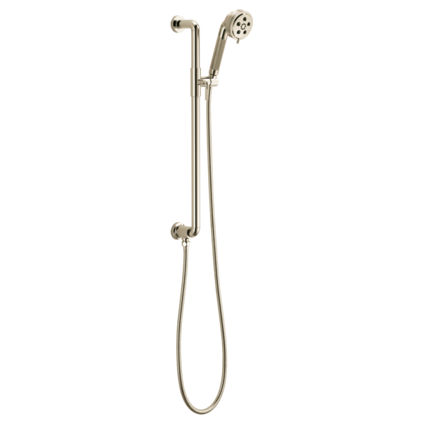 Polished nickel slide bar handshower with round showerhead and flexible hose mounted on wall.