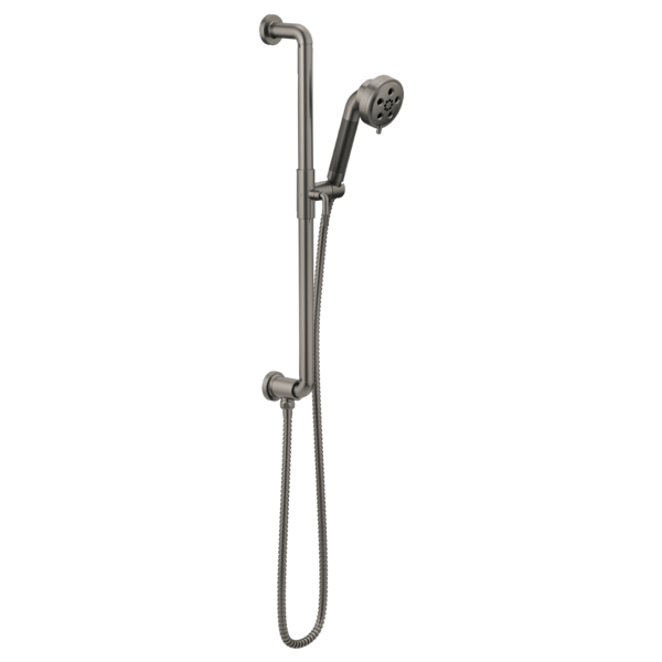 Brushed nickel slide bar handshower with adjustable holder and flexible hose connection.