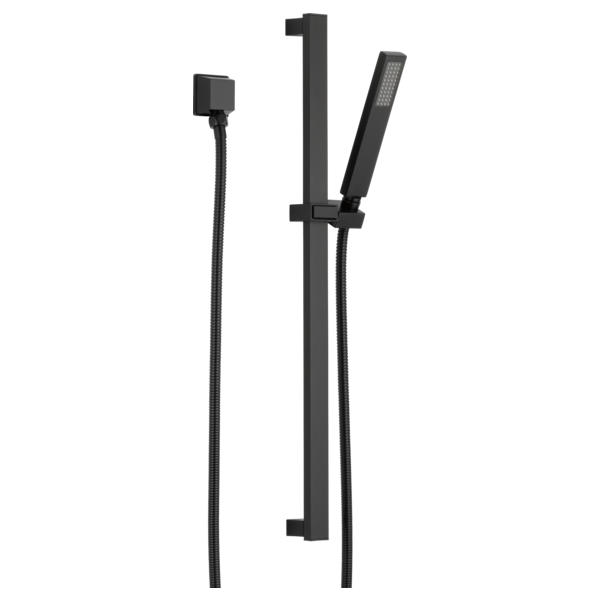 Black matte slide bar hand shower system with vertical rail, adjustable holder, and flexible hose.