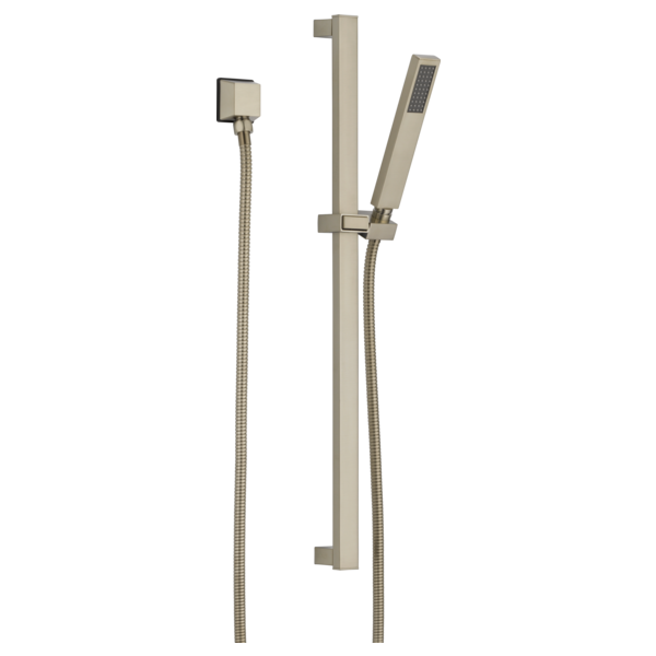 Brushed nickel slide bar hand shower with rectangular head and flexible hose connection.