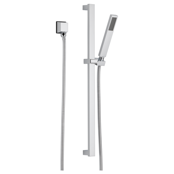 Chrome slide bar hand shower system with rectangular wall mount, vertical rail, adjustable holder, and handheld showerhead wi