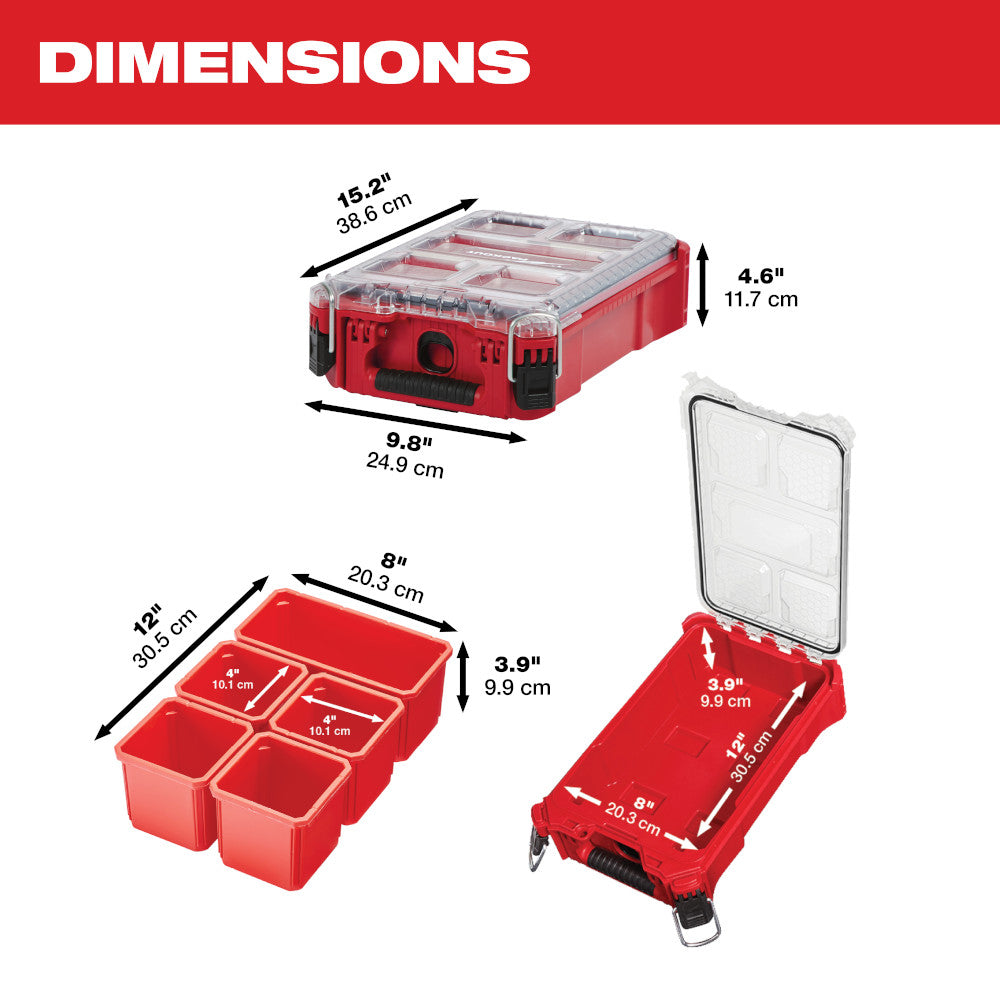 Red plastic compact organizer with clear lid and removable compartments, dimensions 15.2" x 9.8" x 4.6".