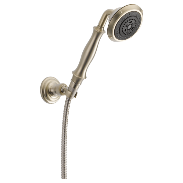 Brushed nickel wall-mounted handshower with adjustable arm, showerhead with multiple spray settings, and flexible hose connec
