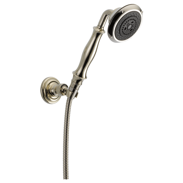 Chrome and brass wall-mounted handshower with adjustable holder and flexible hose connection.
