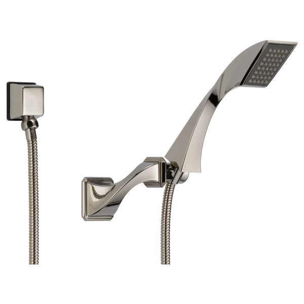 Chrome wall-mounted hand shower with rectangular head, curved arm, and flexible hose with wall bracket.