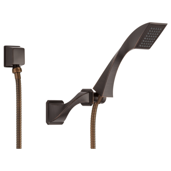 Bronze wall-mount hand shower with curved handle, perforated shower head, and brass hose connection.