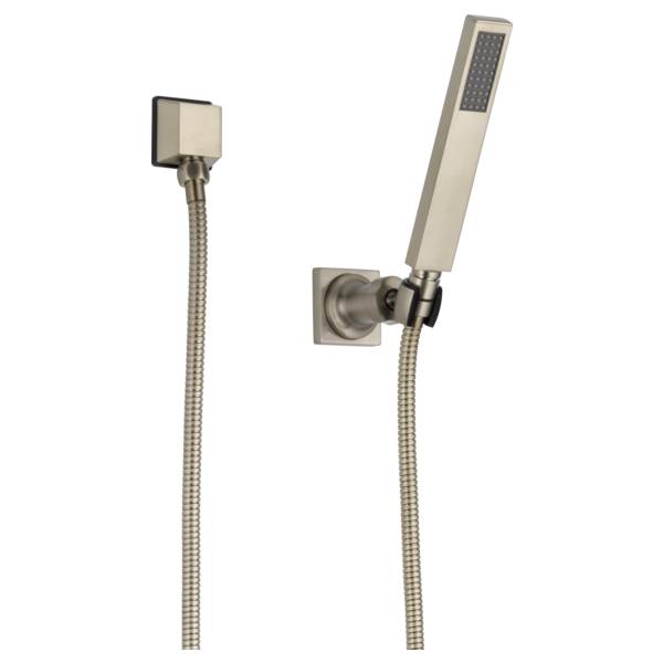 Brushed nickel wall-mount hand shower with square mounting bracket and flexible hose, shown with detachable head and holder.