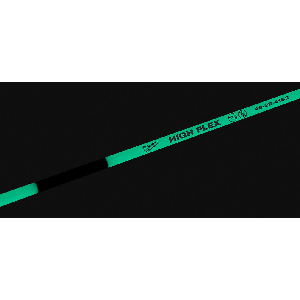 Bright green and black flexible fish stick with Milwaukee branding and model number printed on shaft against dark background.