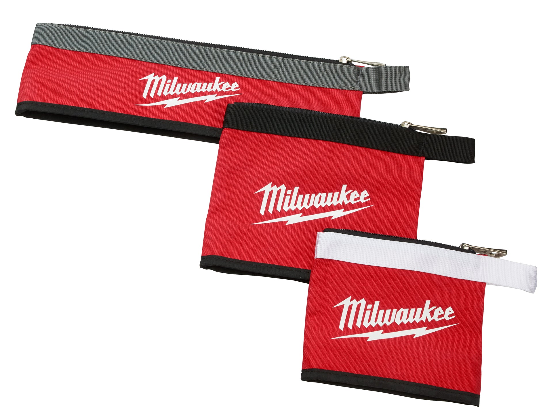Three red and black zippered pouches with Milwaukee branding and gray, black, and white fabric straps.