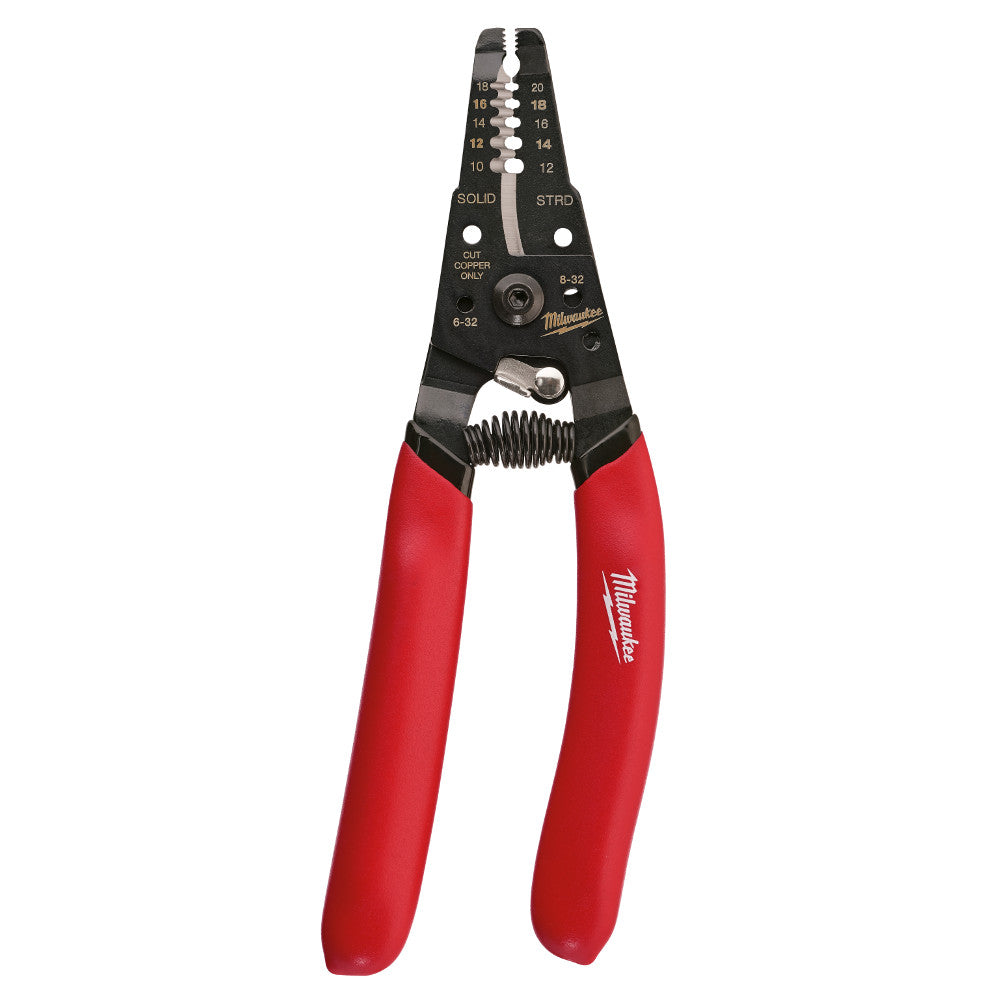 Milwaukee wire stripper/cutter with red handles and black head marked with wire gauge measurements for solid and stranded wir
