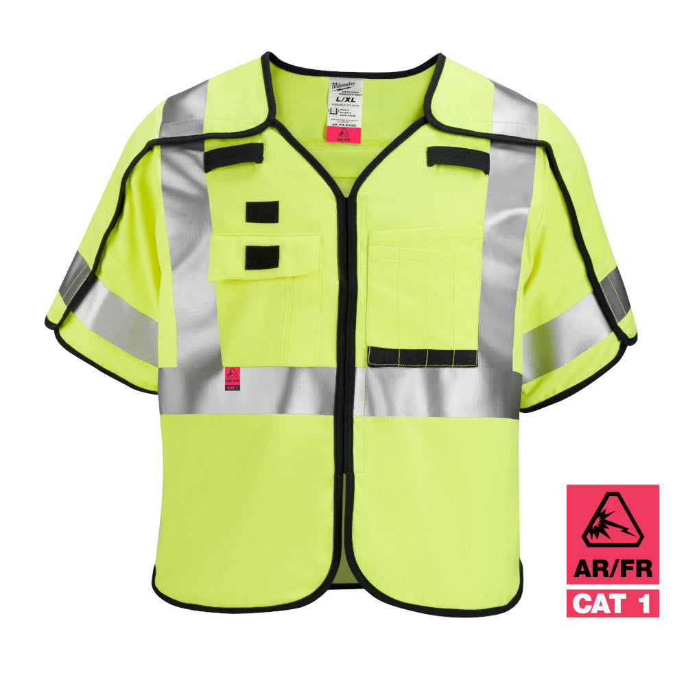 Bright yellow safety vest with reflective silver stripes, black trim, front pockets, and breakaway closures.