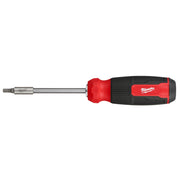 Red and black Milwaukee multi-bit screwdriver with hex shaft and interchangeable bits stored in handle.