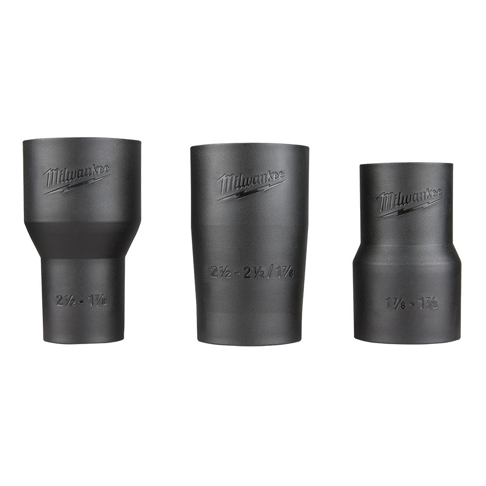 Three black Milwaukee metal hose adapter fittings with size markings in various diameters.