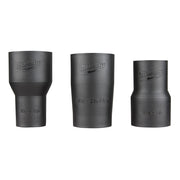 Three black Milwaukee metal hose adapter fittings with size markings in various diameters.