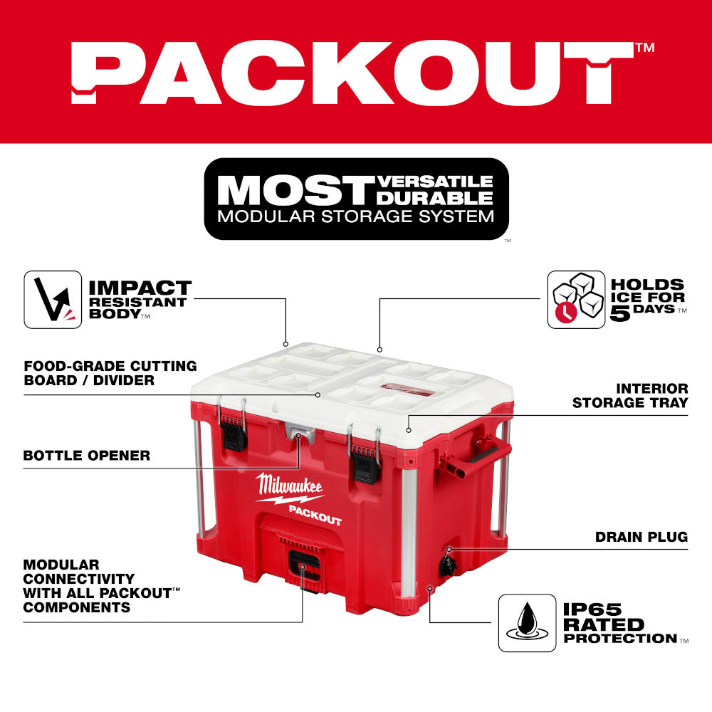 Red Milwaukee PACKOUT 40QT cooler with handles, interior tray, drain plug, and bottle opener, labeled with product features.