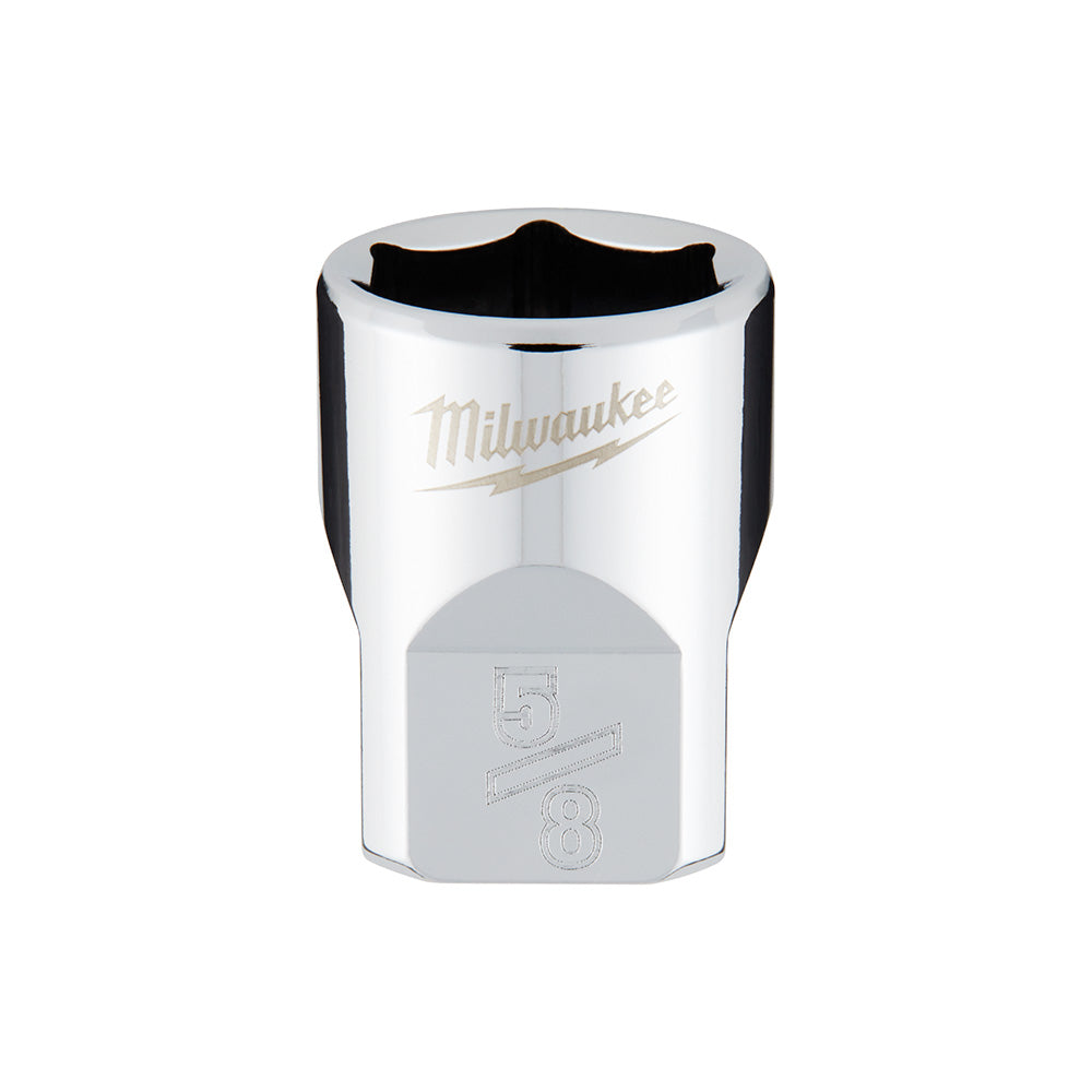 Milwaukee chrome 6-point socket with 3/8 in. drive and 5/8 in. SAE opening, black grip band around exterior.