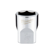 Milwaukee chrome 6-point socket with 3/8 in. drive and 5/8 in. SAE opening, black grip band around exterior.