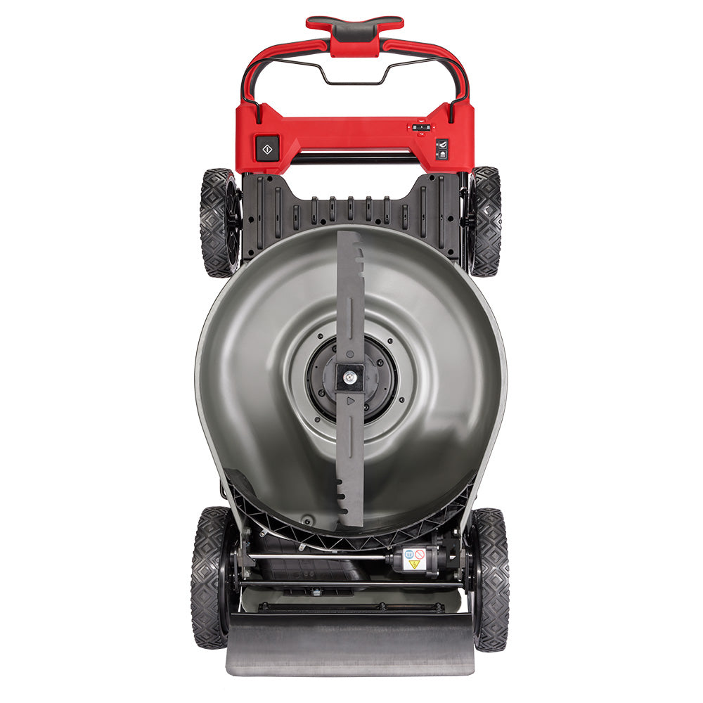 Top-down view of red and black push lawn mower with silver cutting deck and black wheels.