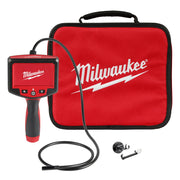 Milwaukee M-Spector inspection camera with red and black handheld unit, flexible probe cable, mirror attachment, and red carr