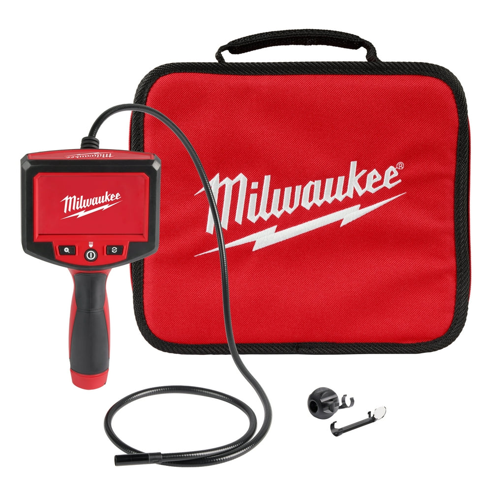 Milwaukee M-Spector inspection camera with red and black handheld unit, flexible probe cable, mirror attachment, and red carr