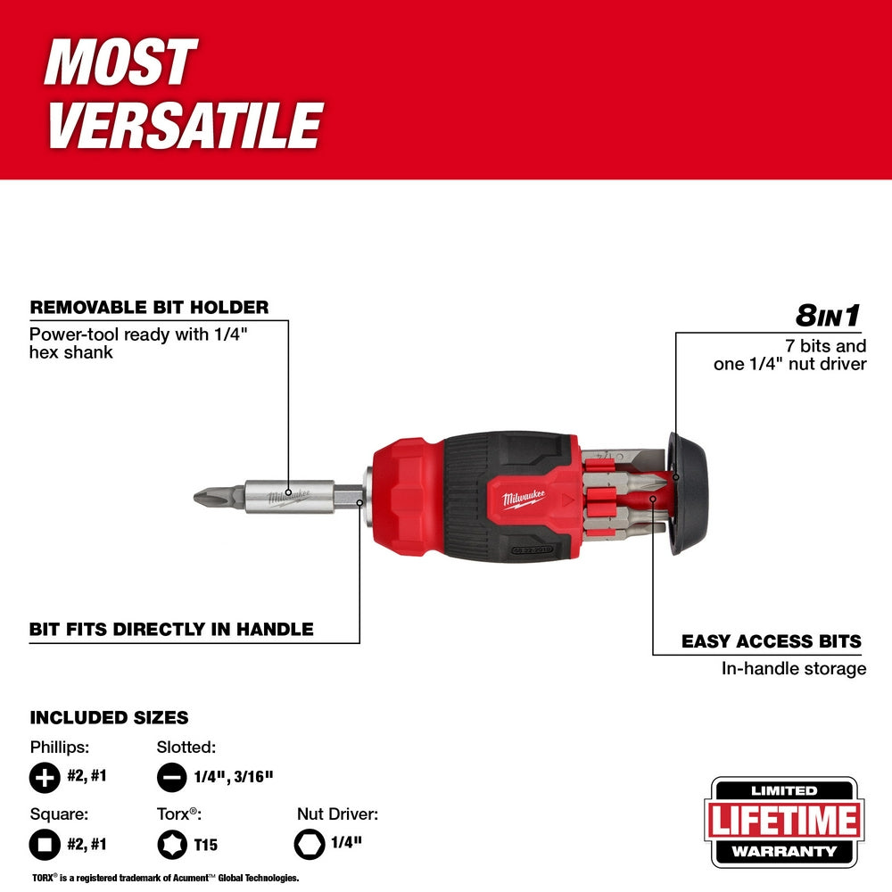 Milwaukee 48-22-2910 compact multi-bit screwdriver with red and black handle, removable bit holder, and stored bits visible.