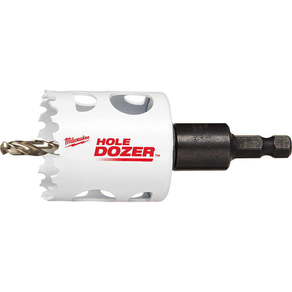 Milwaukee HOLE DOZER bi-metal hole saw with white cylindrical body, black adapter shank, and metal cutting teeth.