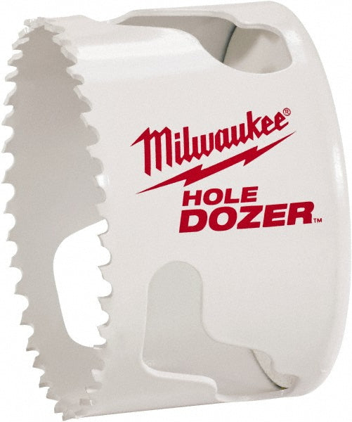 White bi-metal hole saw with serrated cutting edge and Milwaukee branding on the side.