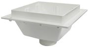 White square PVC floor sink basin with sloped top rim and outlet connection port at bottom.