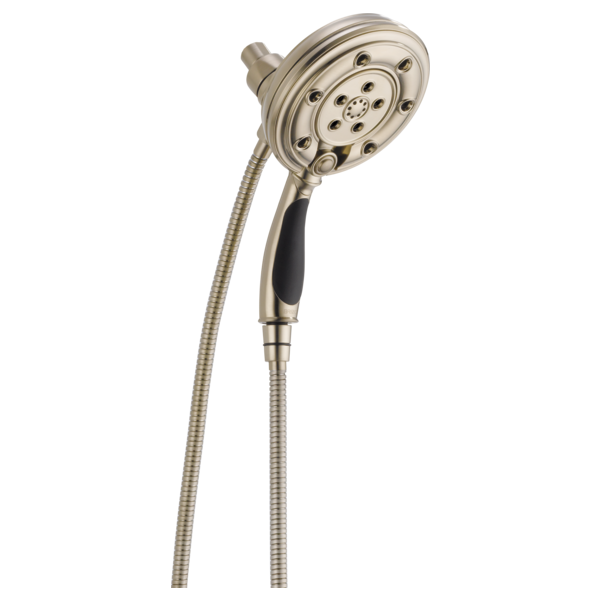Brushed nickel two-in-one shower head with handheld wand and flexible hose attachment.