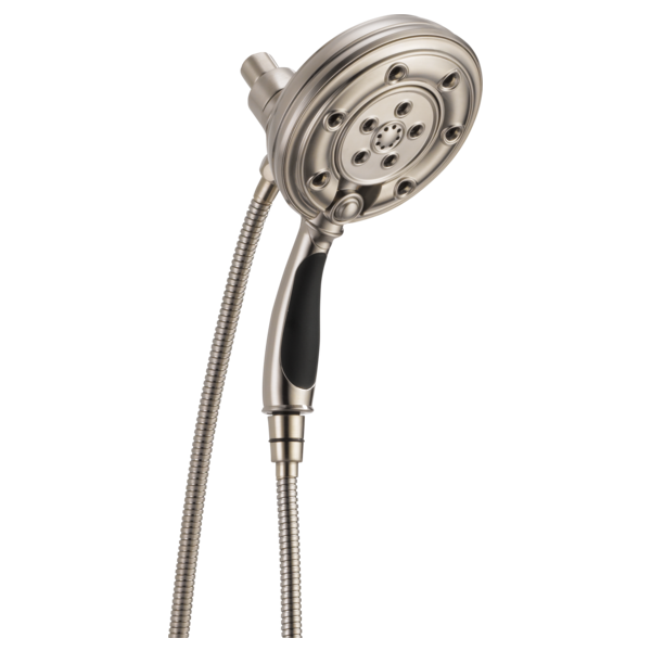 Brushed nickel round shower head with black grip handle and flexible metal hose on white background.