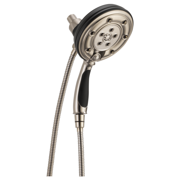 Chrome and black multi-function showerhead with adjustable trigger handle and flexible hose attachment.