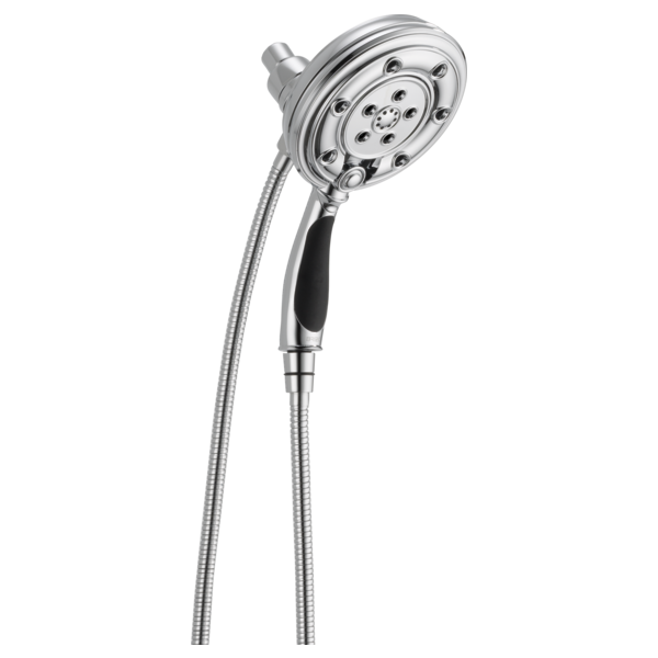 Chrome round shower head with multiple spray holes and black grip handle, connected to flexible hose.