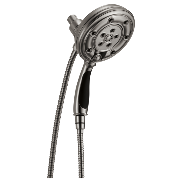 Chrome round showerhead with multiple spray holes, black grip handle, and attached flexible hose.